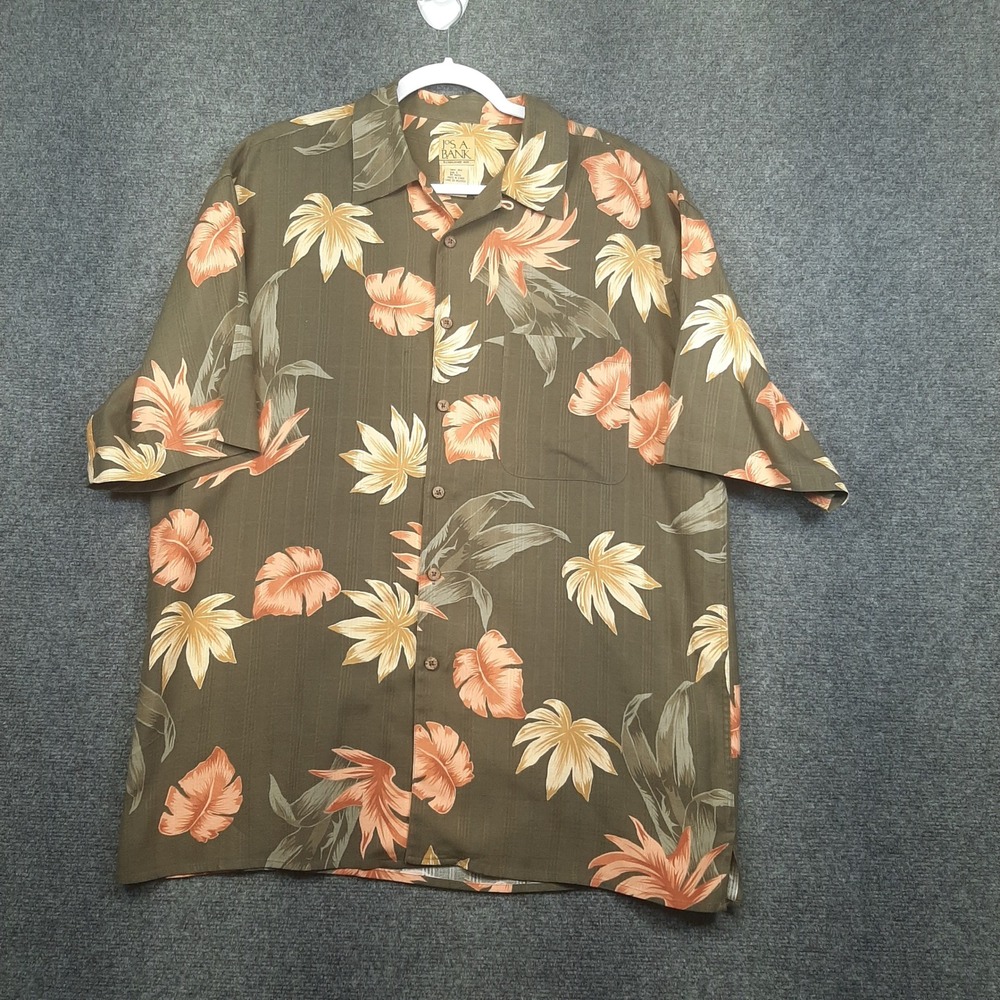 Jos. A. Bank Button Up Tropical Floral RN 99066 L Olive Green Mens Silk Shirt
